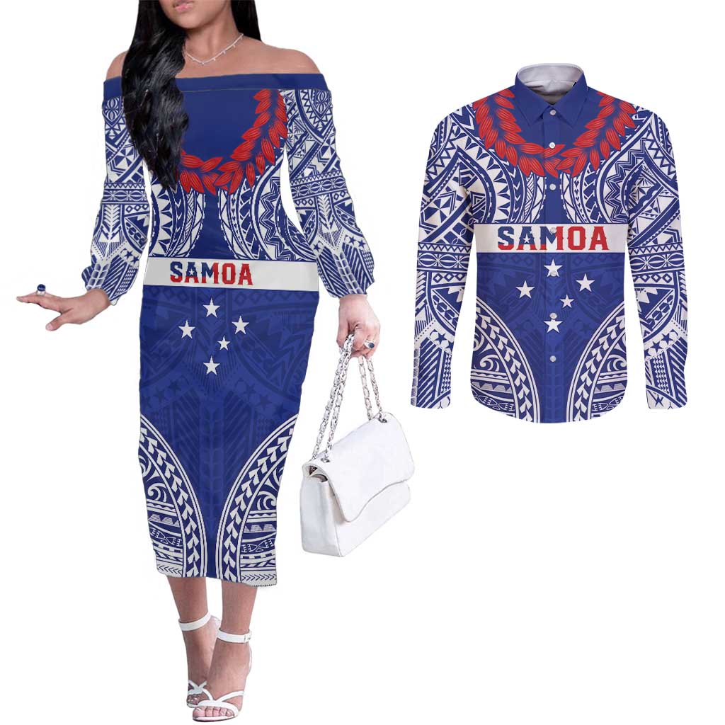 Personalised Toa Samoa Rugby Spirit Couples Matching Off The Shoulder Long Sleeve Dress and Long Sleeve Button Shirt Blue Samoan Tribal Pattern - Polynesian Pride