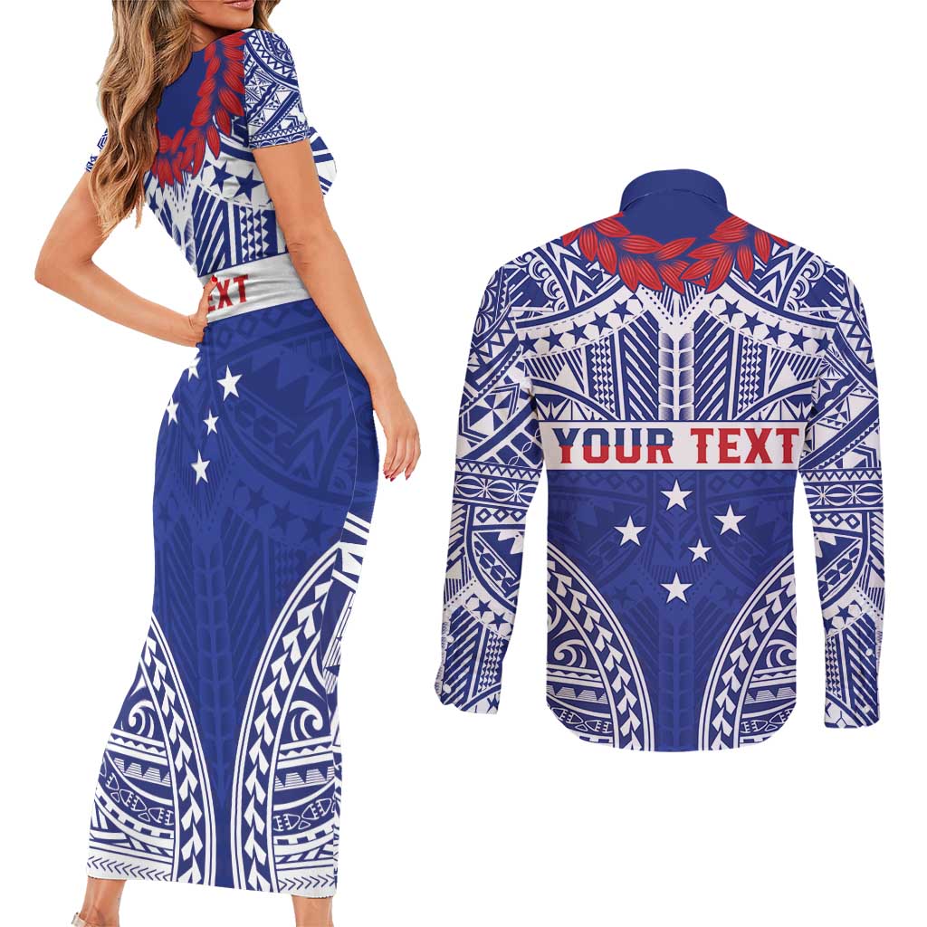 Personalised Toa Samoa Rugby Spirit Couples Matching Short Sleeve Bodycon Dress and Long Sleeve Button Shirt Blue Samoan Tribal Pattern - Polynesian Pride