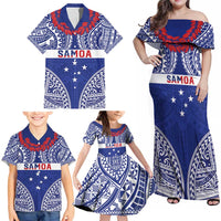 Personalised Toa Samoa Rugby Spirit Family Matching Off Shoulder Maxi Dress and Hawaiian Shirt Blue Samoan Tribal Pattern - Polynesian Pride
