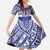 Personalised Toa Samoa Rugby Spirit Family Matching Short Sleeve Bodycon Dress and Hawaiian Shirt Blue Samoan Tribal Pattern - Polynesian Pride