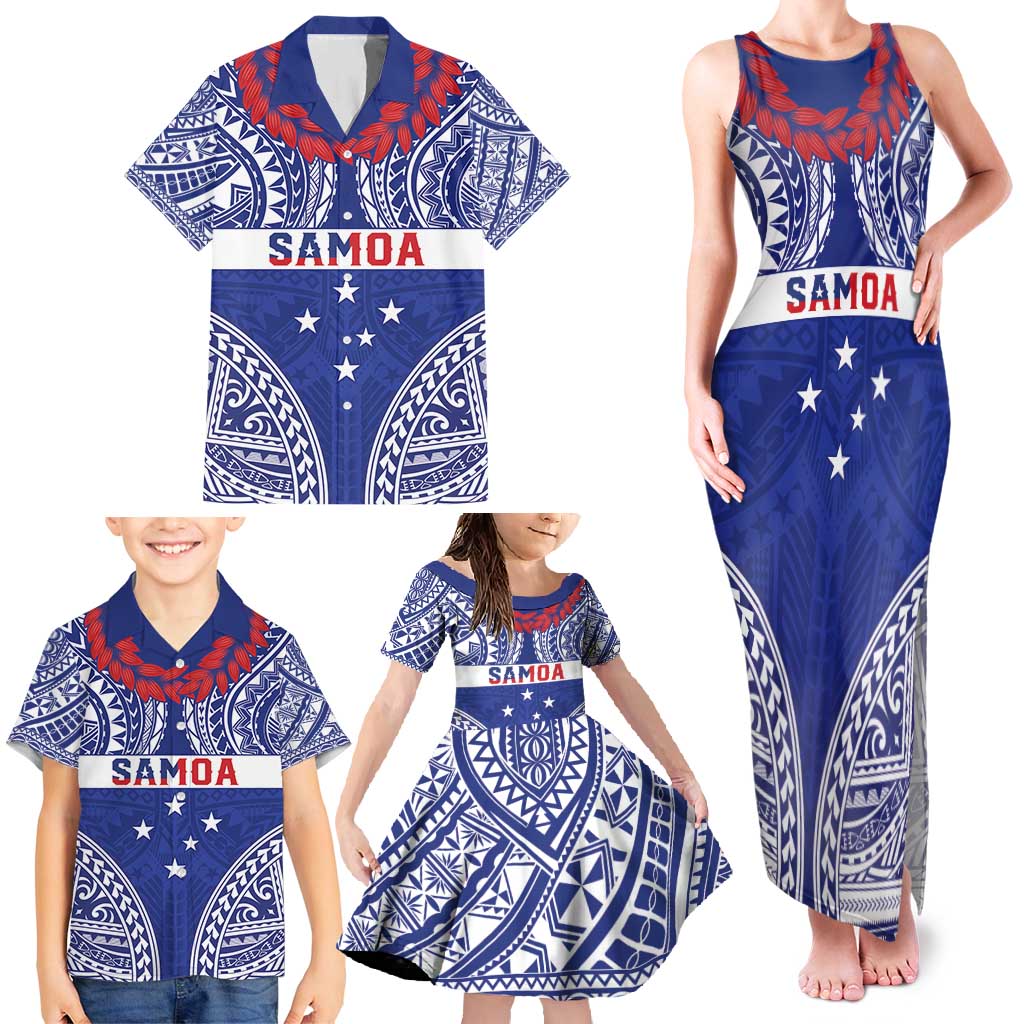 Personalised Toa Samoa Rugby Spirit Family Matching Tank Maxi Dress and Hawaiian Shirt Blue Samoan Tribal Pattern - Polynesian Pride