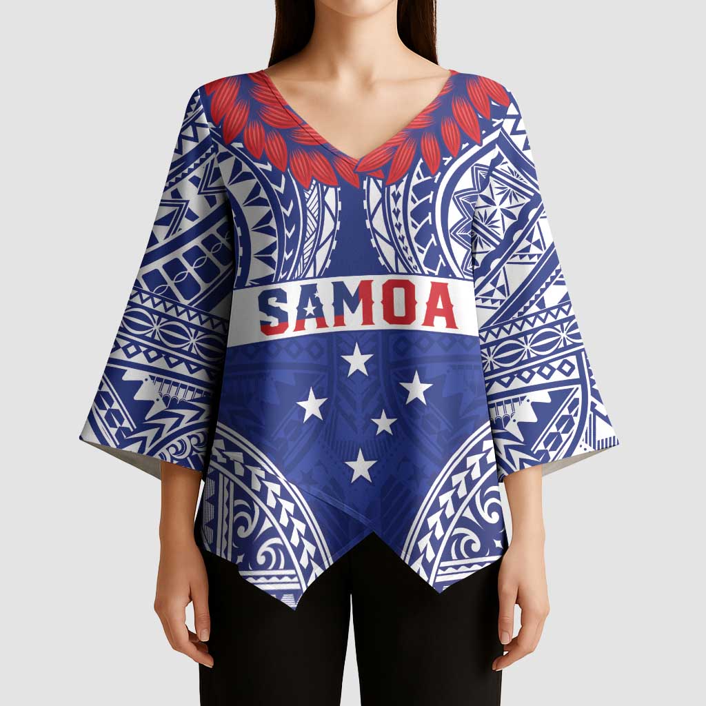 Personalised Toa Samoa Rugby Spirit Kimono Sleeve Blouse Blue Samoan Tribal Pattern - Polynesian Pride