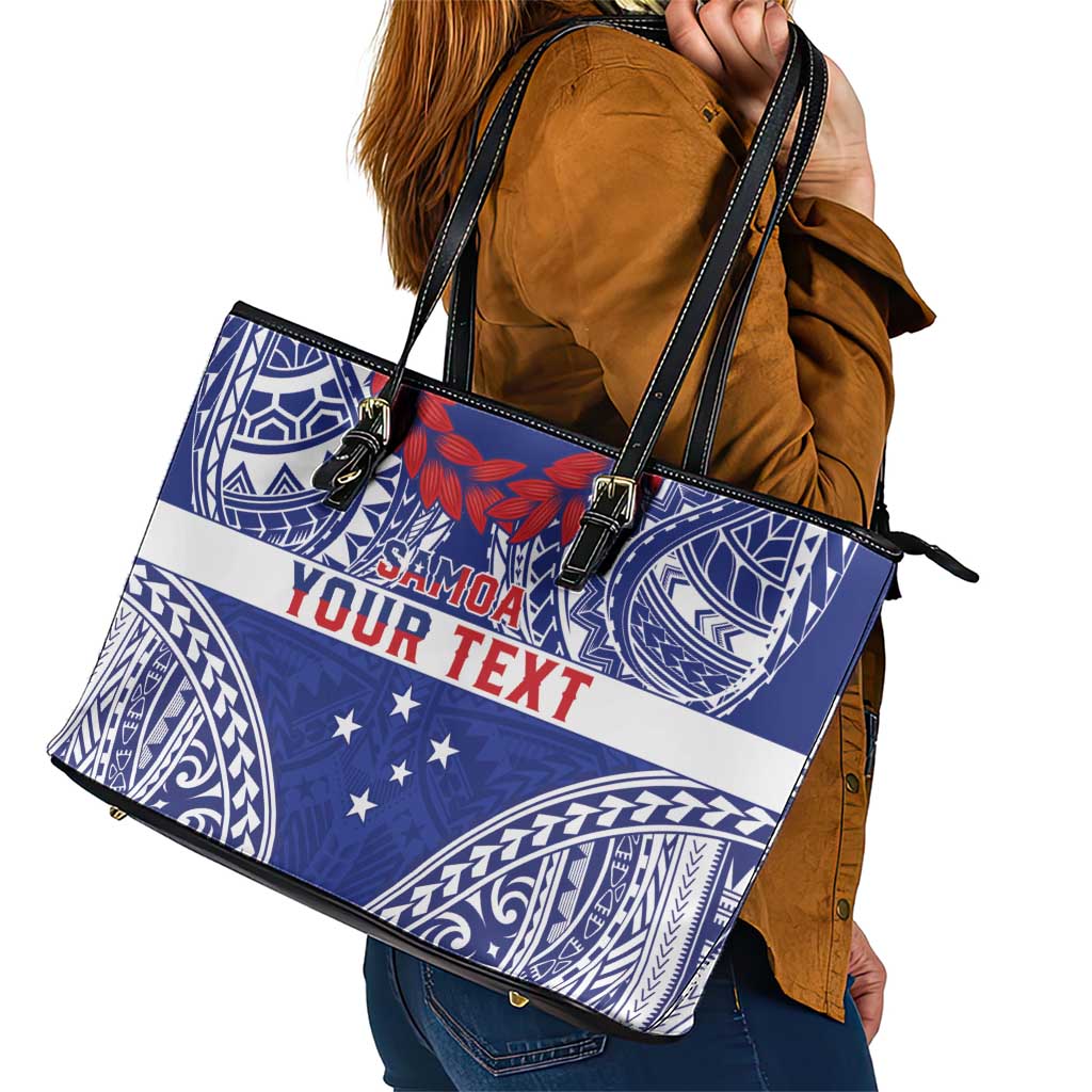 Personalised Toa Samoa Rugby Spirit Leather Tote Bag Blue Samoan Tribal Pattern - Polynesian Pride