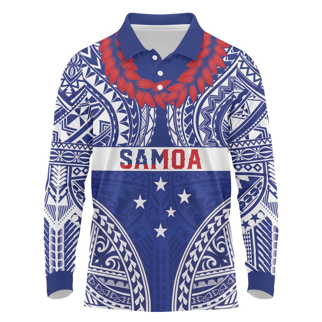 Personalised Toa Samoa Rugby Spirit Long Sleeve Polo Shirt Blue Samoan Tribal Pattern - Polynesian Pride