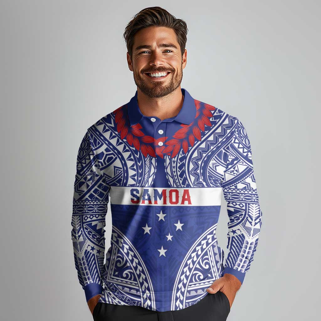 Personalised Toa Samoa Rugby Spirit Long Sleeve Polo Shirt Blue Samoan Tribal Pattern - Polynesian Pride
