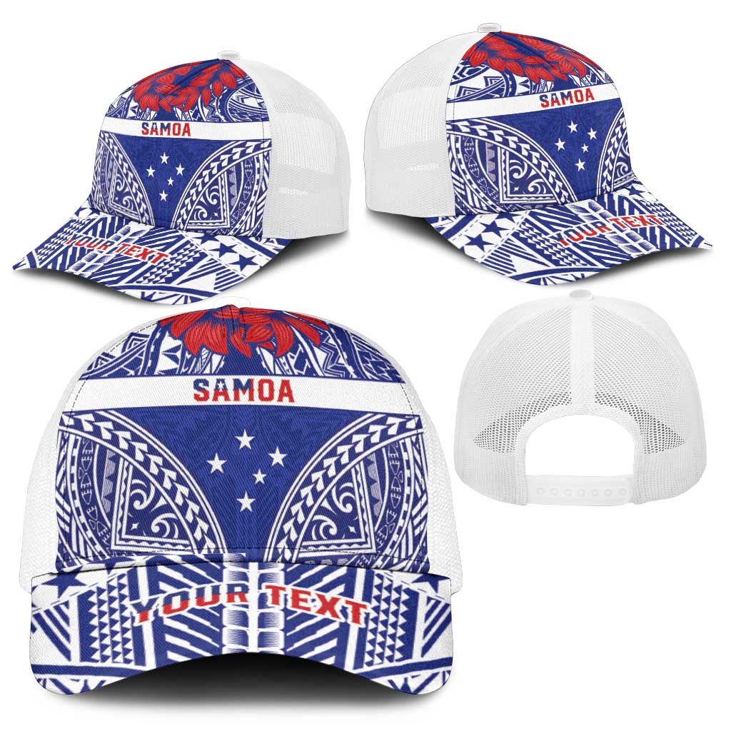 Personalised Toa Samoa Rugby Spirit Mesh Trucker Cap Blue Samoan Tribal Pattern - Polynesian Pride
