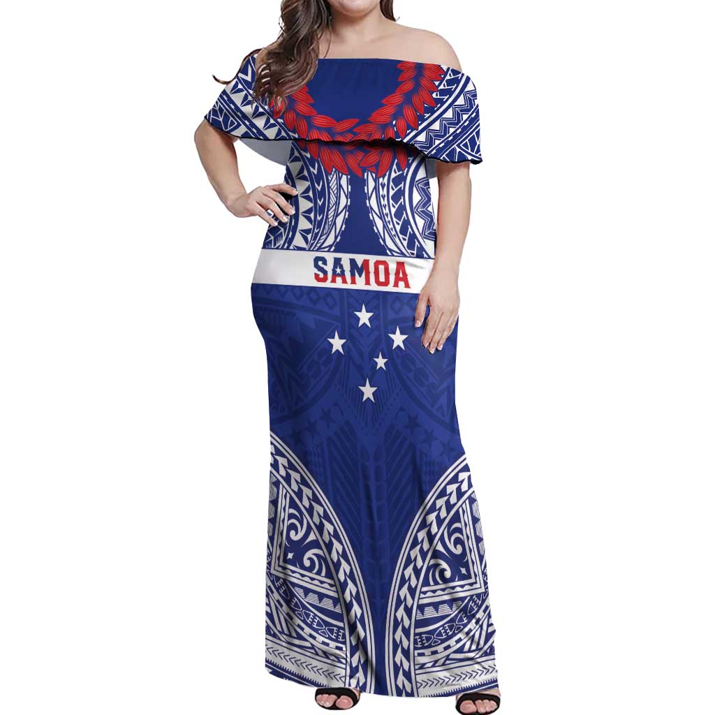 Personalised Toa Samoa Rugby Spirit Off Shoulder Maxi Dress Blue Samoan Tribal Pattern - Polynesian Pride