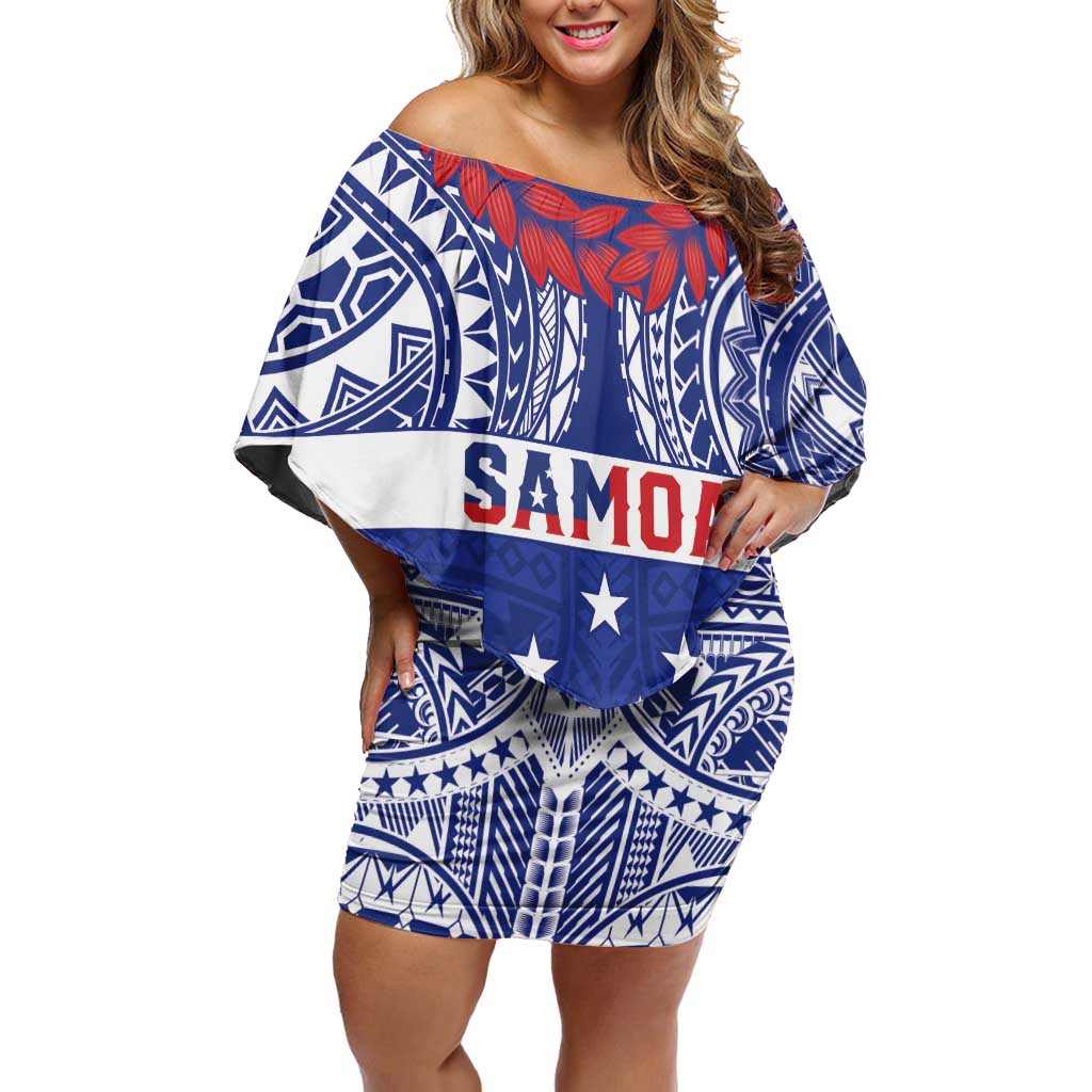 Personalised Toa Samoa Rugby Spirit Off Shoulder Short Dress Blue Samoan Tribal Pattern - Polynesian Pride