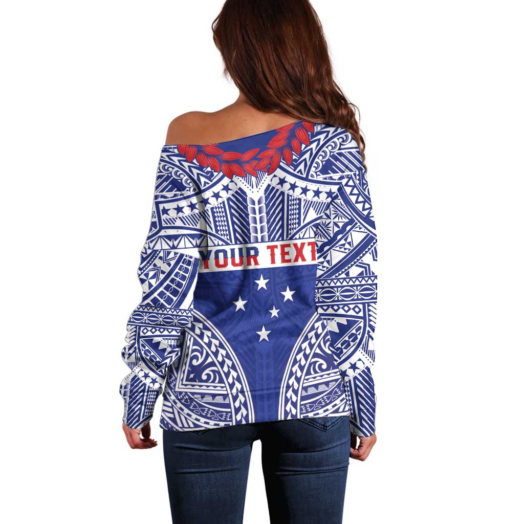 Personalised Toa Samoa Rugby Spirit Off Shoulder Sweater Blue Samoan Tribal Pattern - Polynesian Pride