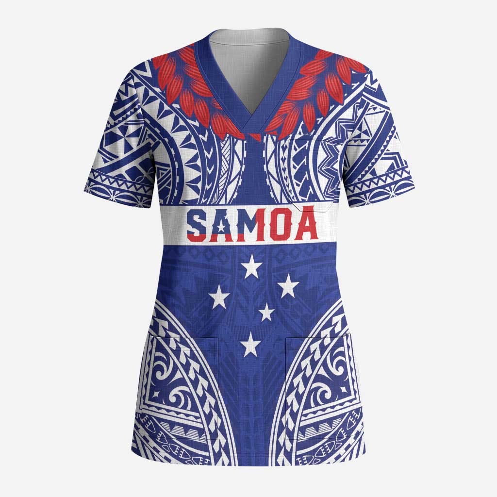 Personalised Toa Samoa Rugby Spirit Scrub Top Blue Samoan Tribal Pattern - Polynesian Pride