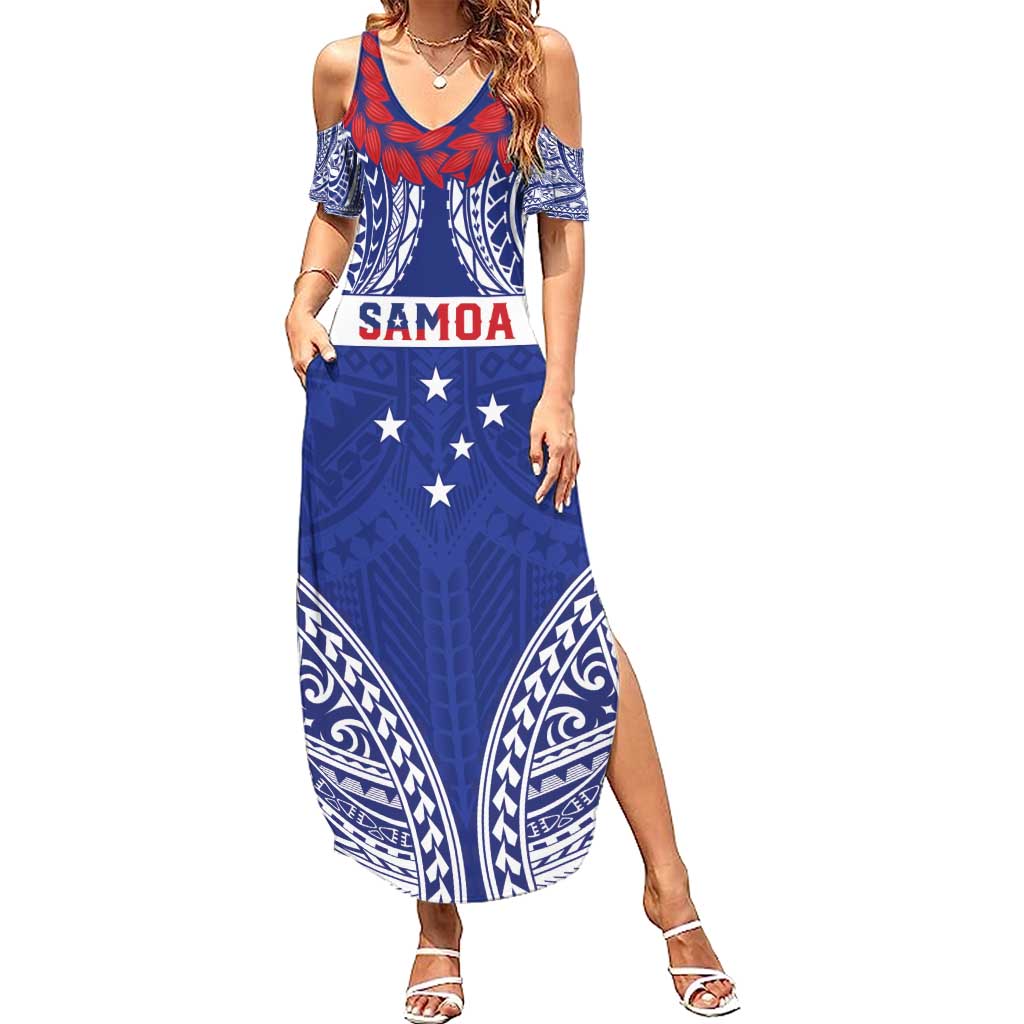 Personalised Toa Samoa Rugby Spirit Summer Maxi Dress Blue Samoan Tribal Pattern - Polynesian Pride