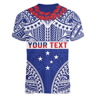 Personalised Toa Samoa Rugby Spirit Women V-Neck T-Shirt Blue Samoan Tribal Pattern - Polynesian Pride