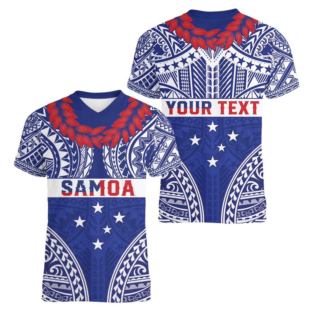 Personalised Toa Samoa Rugby Spirit Women V-Neck T-Shirt Blue Samoan Tribal Pattern - Polynesian Pride