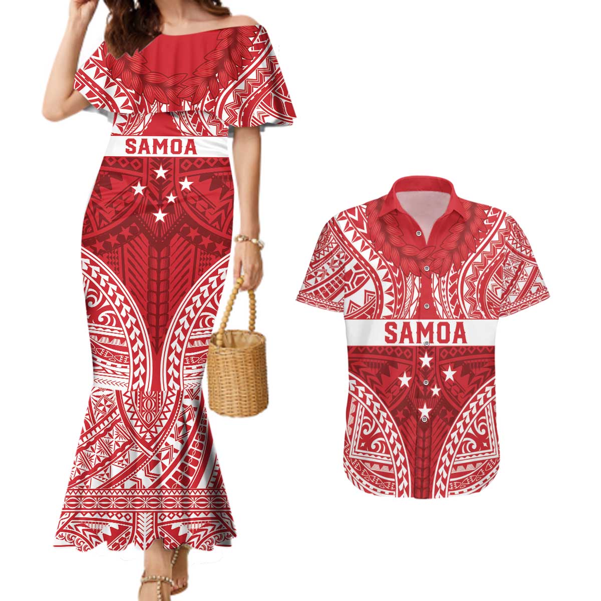 Personalised Toa Samoa Rugby Spirit Couples Matching Mermaid Dress and Hawaiian Shirt Red Samoan Tribal Pattern - Polynesian Pride