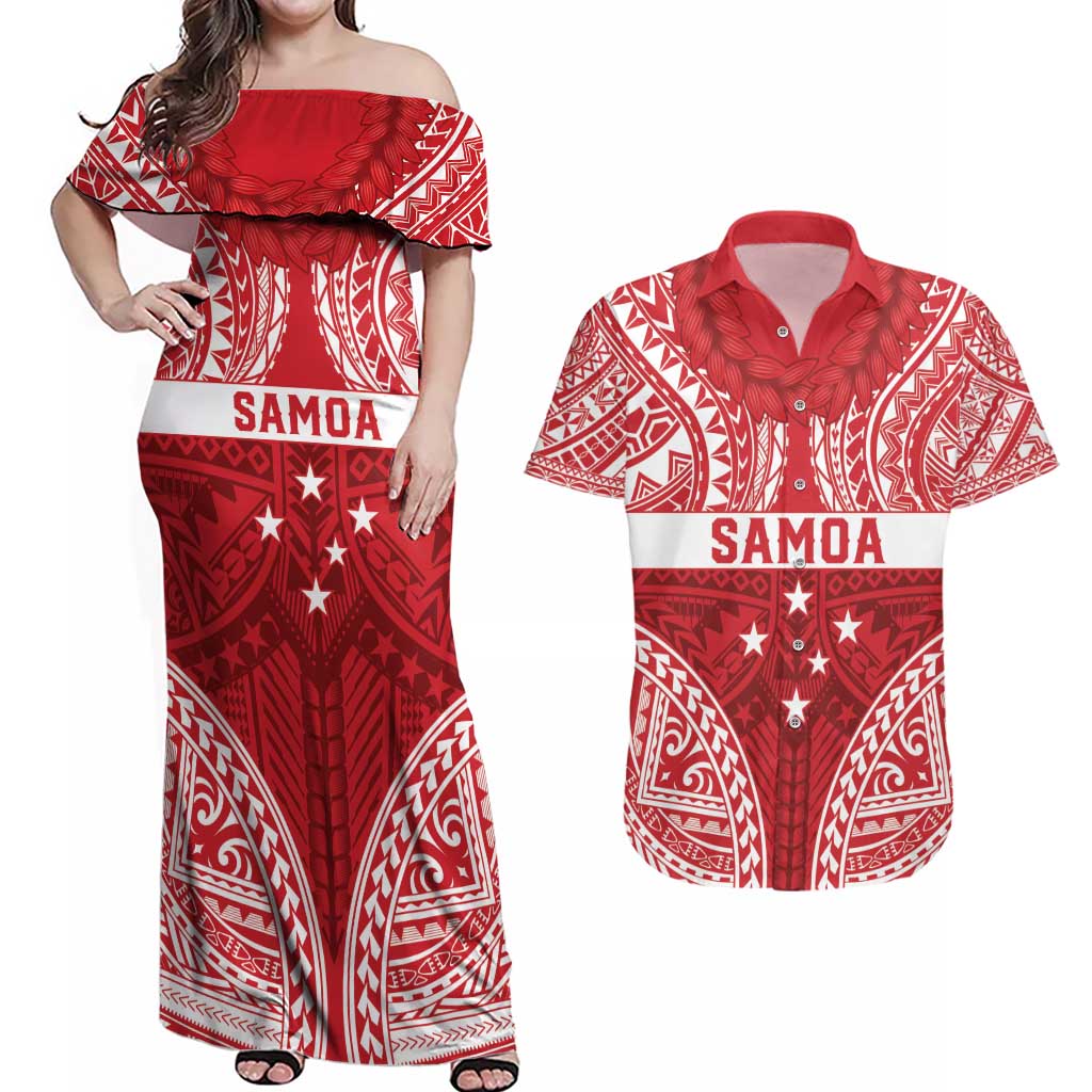 Personalised Toa Samoa Rugby Spirit Couples Matching Off Shoulder Maxi Dress and Hawaiian Shirt Red Samoan Tribal Pattern - Polynesian Pride