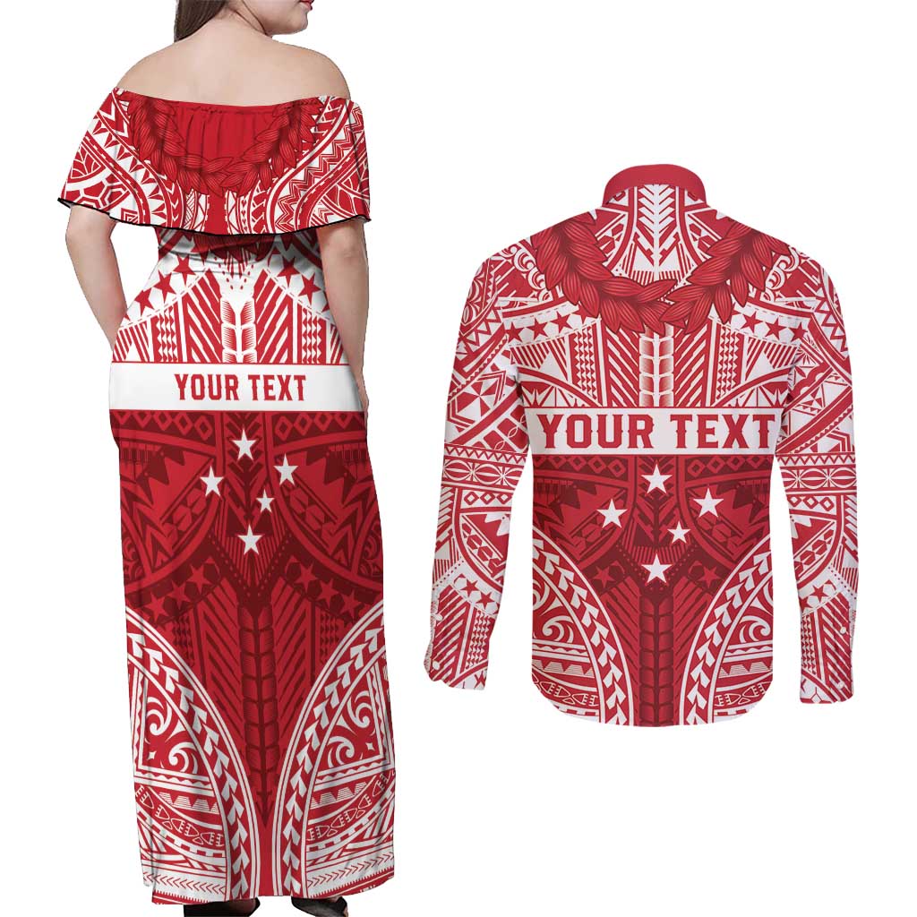 Personalised Toa Samoa Rugby Spirit Couples Matching Off Shoulder Maxi Dress and Long Sleeve Button Shirt Red Samoan Tribal Pattern - Polynesian Pride