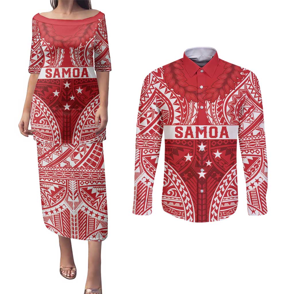 Personalised Toa Samoa Rugby Spirit Couples Matching Puletasi and Long Sleeve Button Shirt Red Samoan Tribal Pattern - Polynesian Pride