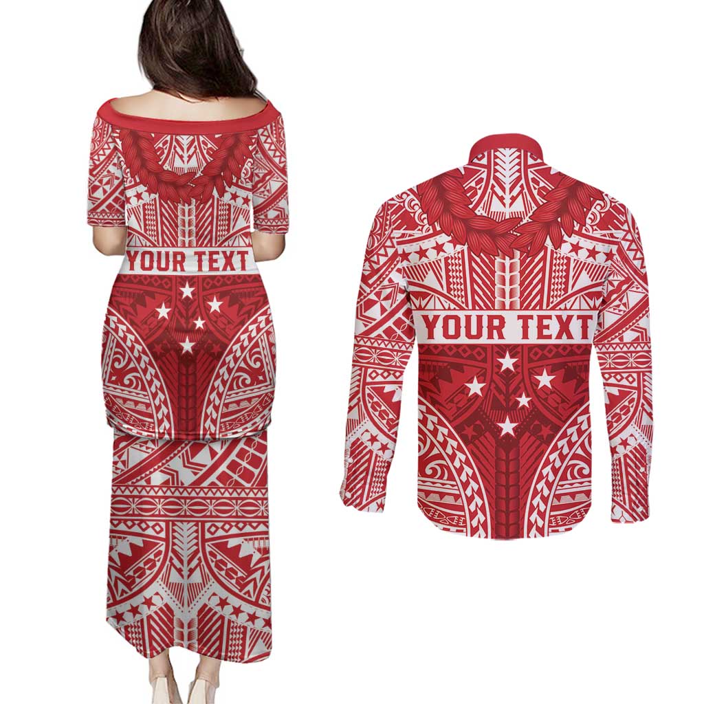 Personalised Toa Samoa Rugby Spirit Couples Matching Puletasi and Long Sleeve Button Shirt Red Samoan Tribal Pattern - Polynesian Pride