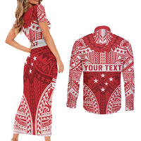 Personalised Toa Samoa Rugby Spirit Couples Matching Short Sleeve Bodycon Dress and Long Sleeve Button Shirt Red Samoan Tribal Pattern - Polynesian Pride
