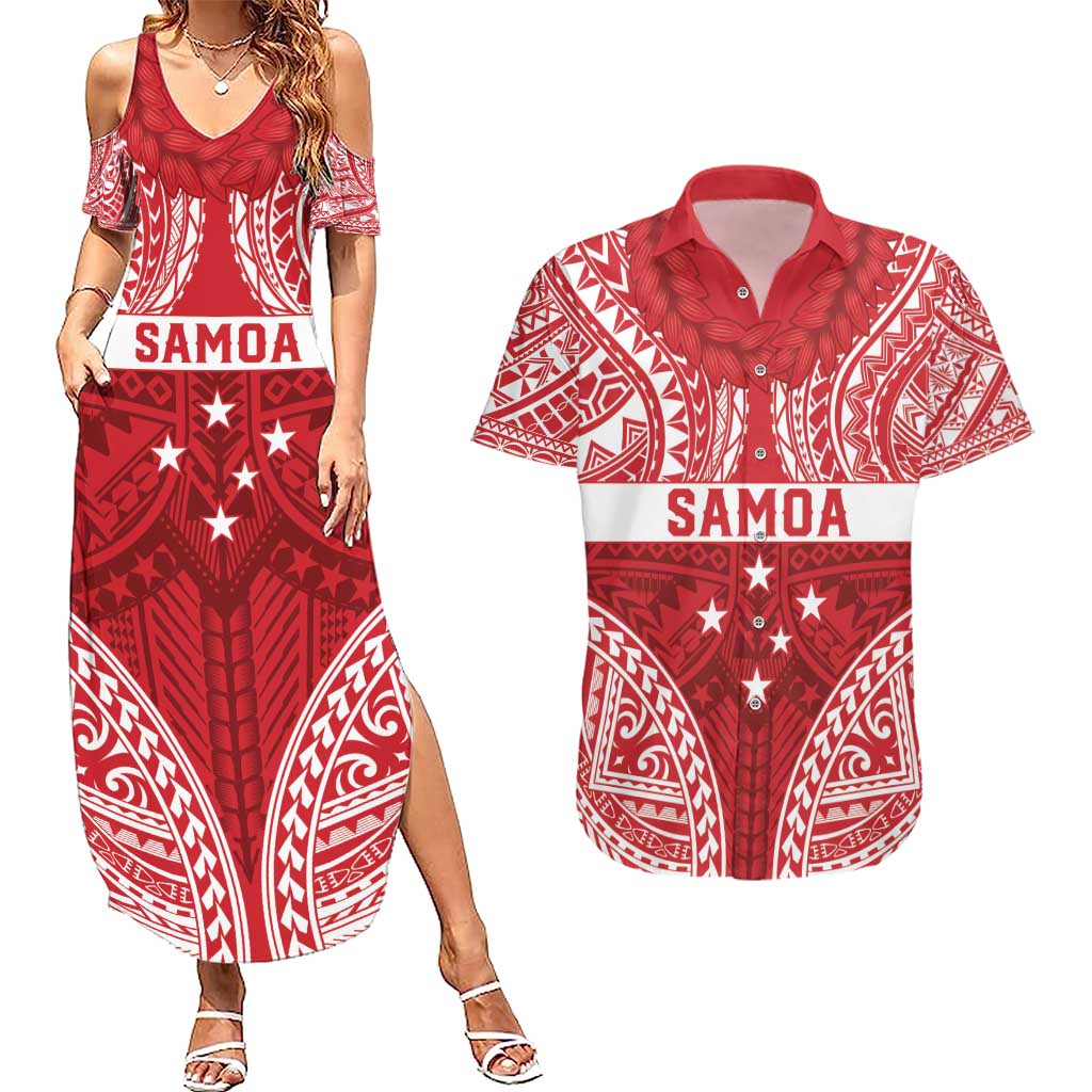 Personalised Toa Samoa Rugby Spirit Couples Matching Summer Maxi Dress and Hawaiian Shirt Red Samoan Tribal Pattern - Polynesian Pride