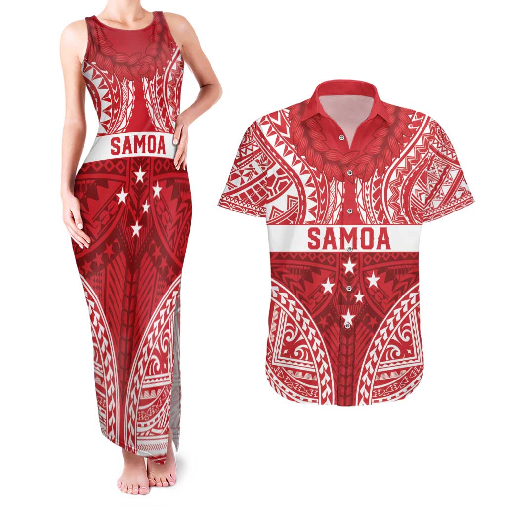 Personalised Toa Samoa Rugby Spirit Couples Matching Tank Maxi Dress and Hawaiian Shirt Red Samoan Tribal Pattern - Polynesian Pride