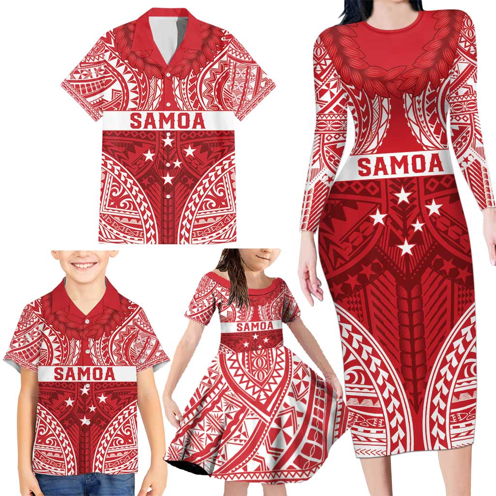 Personalised Toa Samoa Rugby Spirit Family Matching Long Sleeve Bodycon Dress and Hawaiian Shirt Red Samoan Tribal Pattern - Polynesian Pride