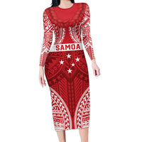 Personalised Toa Samoa Rugby Spirit Family Matching Long Sleeve Bodycon Dress and Hawaiian Shirt Red Samoan Tribal Pattern - Polynesian Pride
