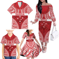 Personalised Toa Samoa Rugby Spirit Family Matching Off The Shoulder Long Sleeve Dress and Hawaiian Shirt Red Samoan Tribal Pattern - Polynesian Pride