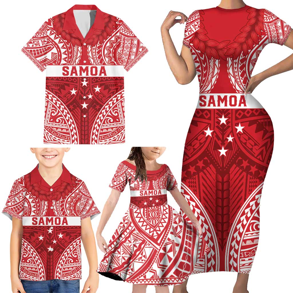 Personalised Toa Samoa Rugby Spirit Family Matching Short Sleeve Bodycon Dress and Hawaiian Shirt Red Samoan Tribal Pattern - Polynesian Pride