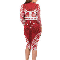 Personalised Toa Samoa Rugby Spirit Long Sleeve Bodycon Dress Red Samoan Tribal Pattern - Polynesian Pride
