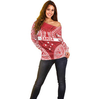 Personalised Toa Samoa Rugby Spirit Off Shoulder Sweater Red Samoan Tribal Pattern - Polynesian Pride