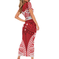 Personalised Toa Samoa Rugby Spirit Short Sleeve Bodycon Dress Red Samoan Tribal Pattern - Polynesian Pride