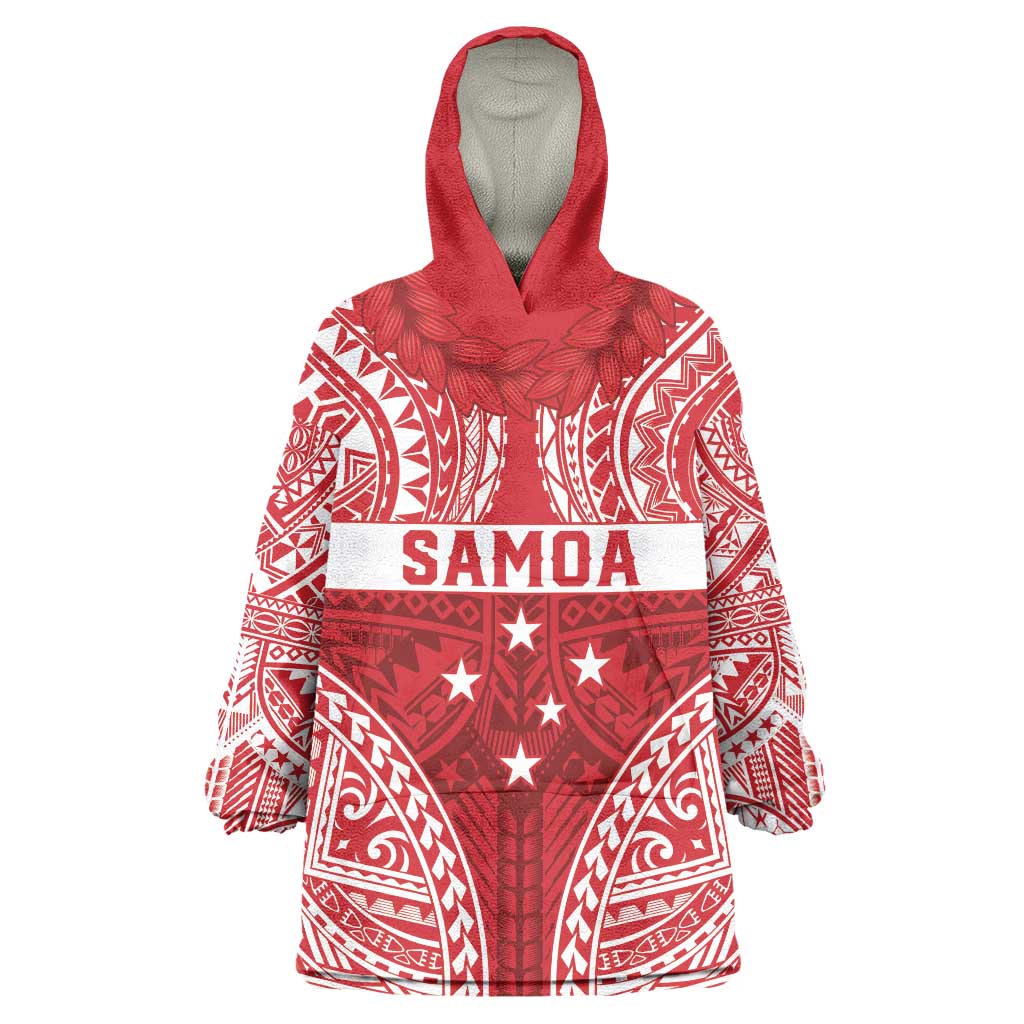 Personalised Toa Samoa Rugby Spirit Wearable Blanket Hoodie Red Samoan Tribal Pattern - Polynesian Pride