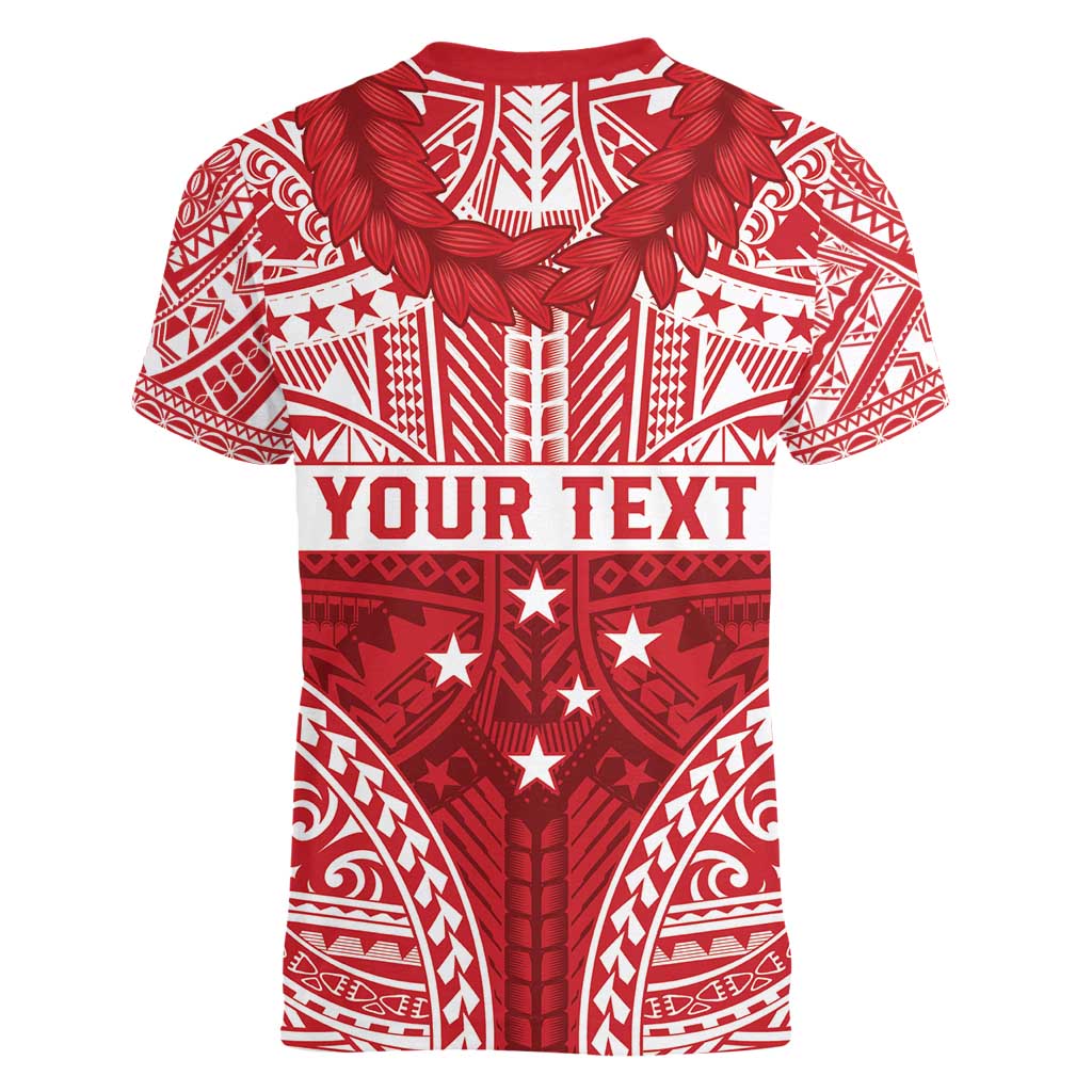 Personalised Toa Samoa Rugby Spirit Women V-Neck T-Shirt Red Samoan Tribal Pattern - Polynesian Pride
