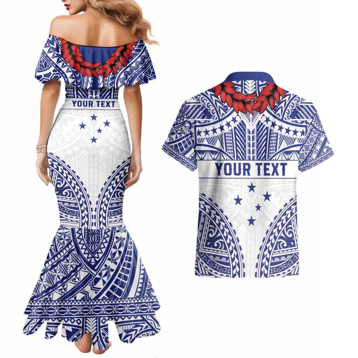 Personalised Toa Samoa Rugby Spirit Couples Matching Mermaid Dress and Hawaiian Shirt White Samoan Tribal Pattern - Polynesian Pride