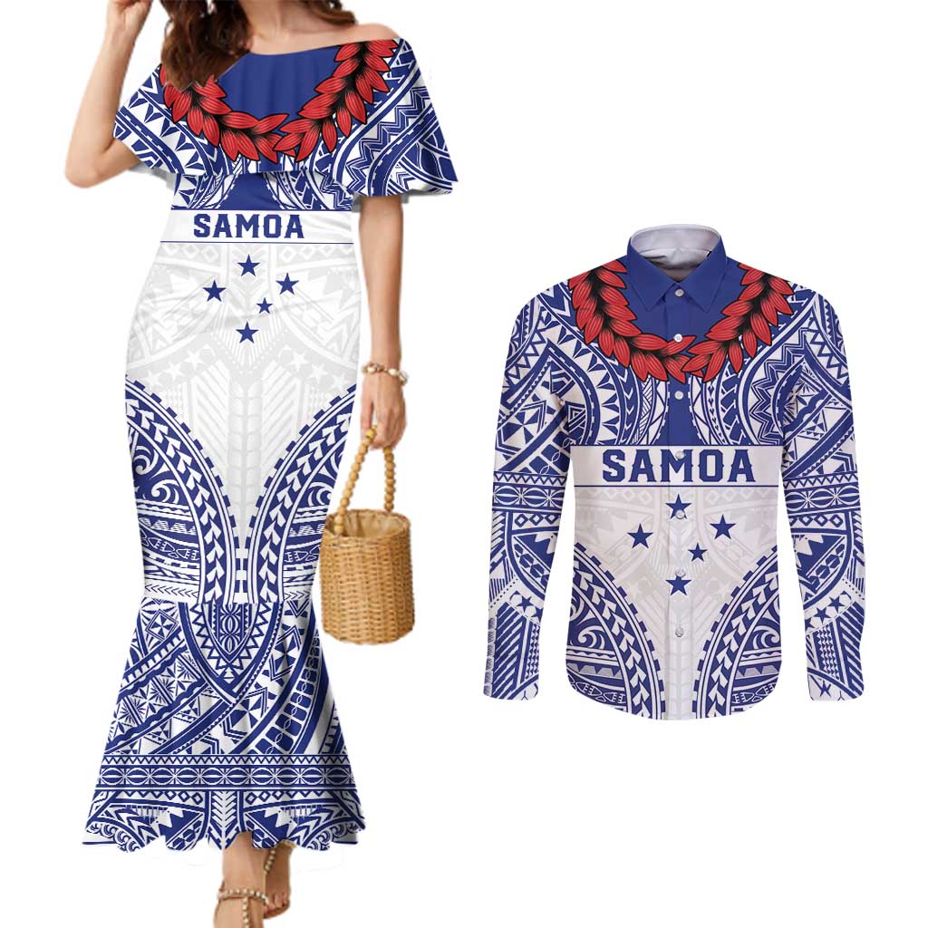 Personalised Toa Samoa Rugby Spirit Couples Matching Mermaid Dress and Long Sleeve Button Shirt White Samoan Tribal Pattern - Polynesian Pride
