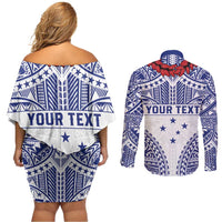 Personalised Toa Samoa Rugby Spirit Couples Matching Off Shoulder Short Dress and Long Sleeve Button Shirt White Samoan Tribal Pattern - Polynesian Pride