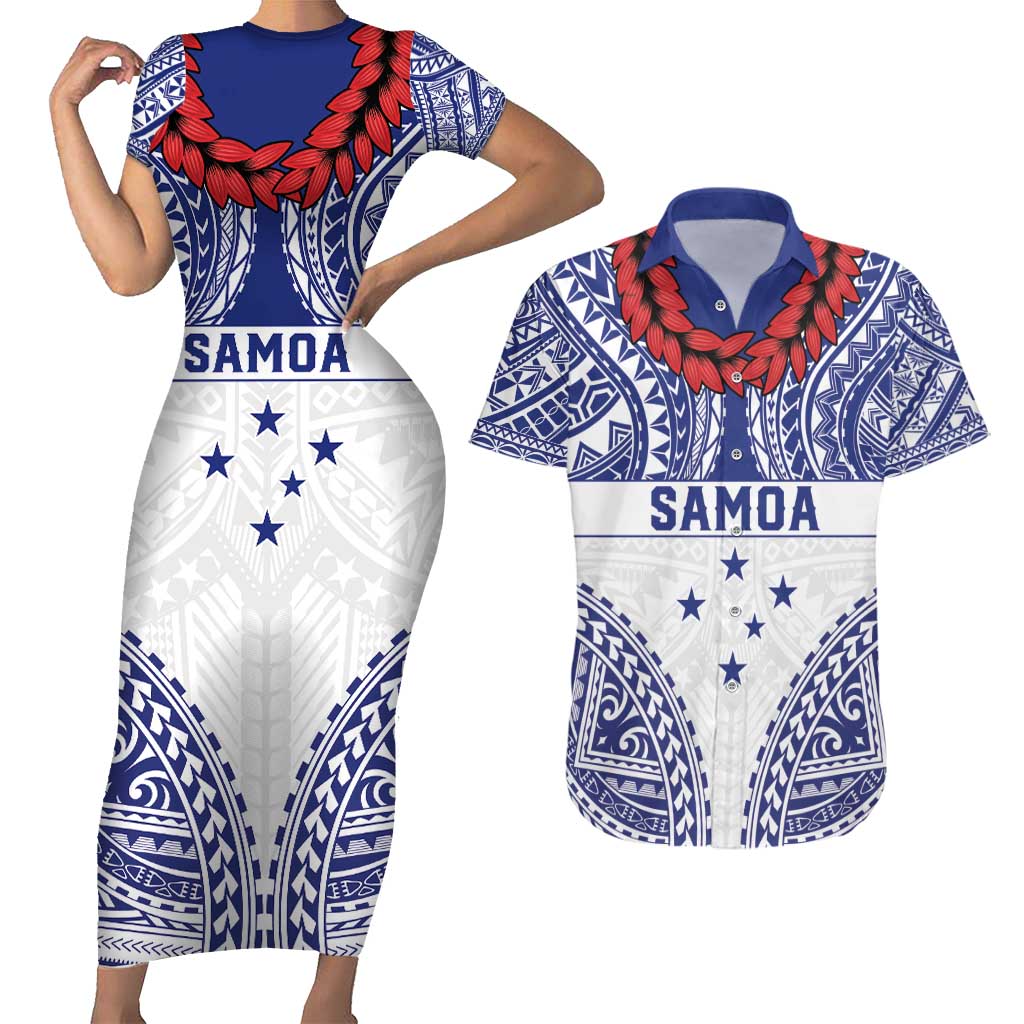 Personalised Toa Samoa Rugby Spirit Couples Matching Short Sleeve Bodycon Dress and Hawaiian Shirt White Samoan Tribal Pattern - Polynesian Pride