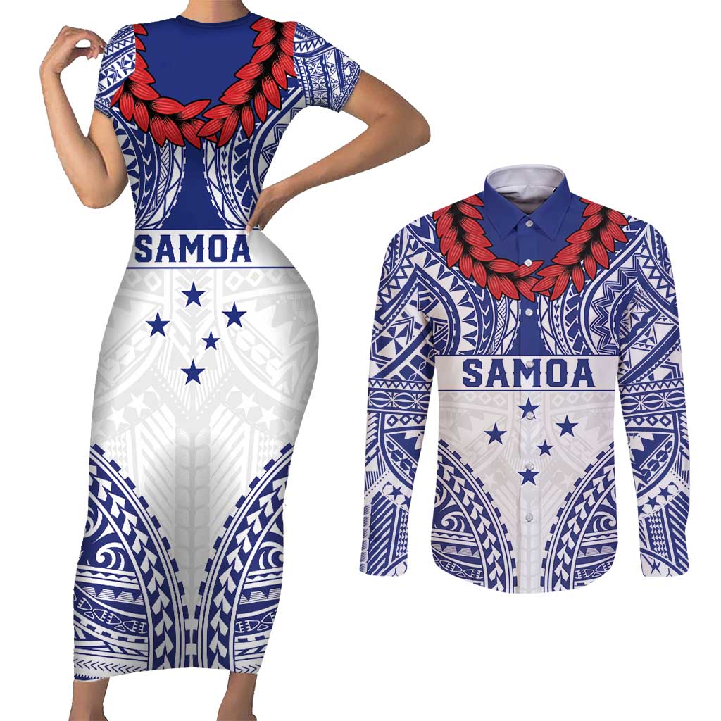 Personalised Toa Samoa Rugby Spirit Couples Matching Short Sleeve Bodycon Dress and Long Sleeve Button Shirt White Samoan Tribal Pattern - Polynesian Pride