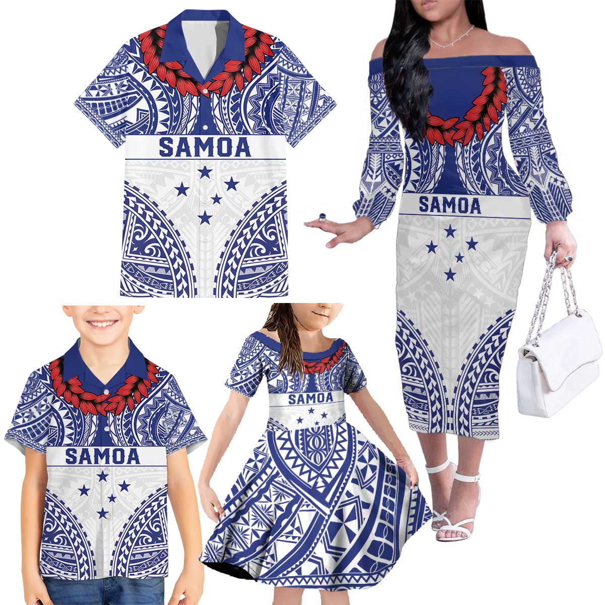 Personalised Toa Samoa Rugby Spirit Family Matching Off The Shoulder Long Sleeve Dress and Hawaiian Shirt White Samoan Tribal Pattern - Polynesian Pride