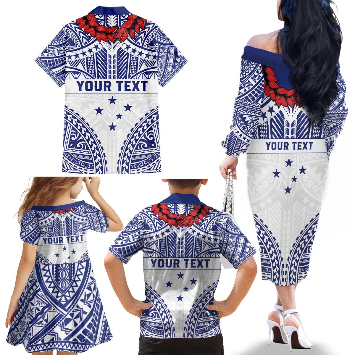 Personalised Toa Samoa Rugby Spirit Family Matching Off The Shoulder Long Sleeve Dress and Hawaiian Shirt White Samoan Tribal Pattern - Polynesian Pride