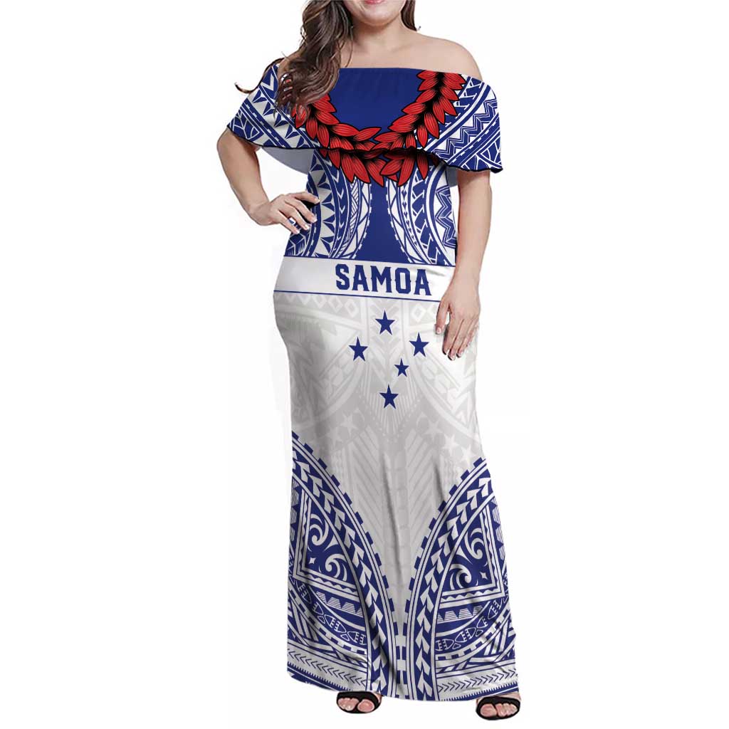 Personalised Toa Samoa Rugby Spirit Family Matching Off Shoulder Maxi Dress and Hawaiian Shirt White Samoan Tribal Pattern - Polynesian Pride