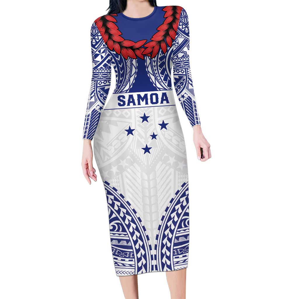 Personalised Toa Samoa Rugby Spirit Long Sleeve Bodycon Dress White Samoan Tribal Pattern - Polynesian Pride
