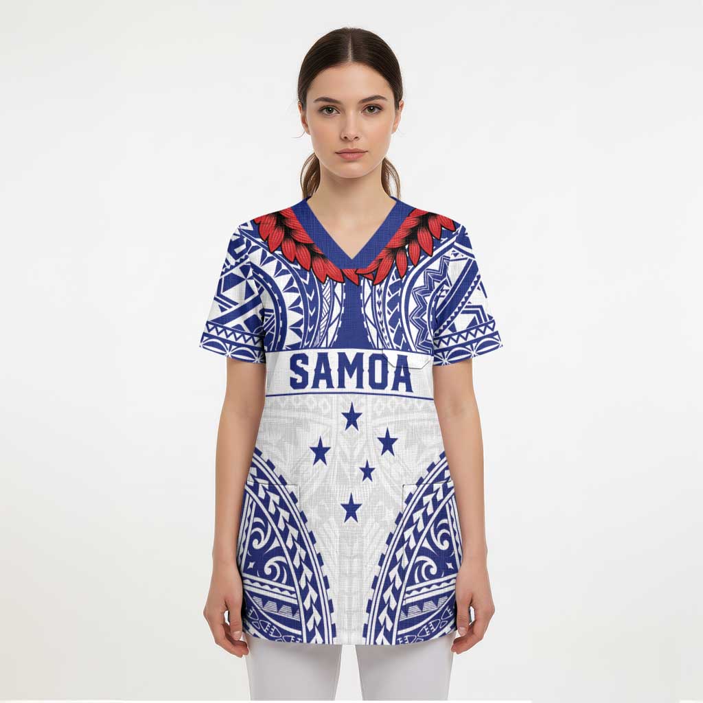 Personalised Toa Samoa Rugby Spirit Scrub Top White Samoan Tribal Pattern - Polynesian Pride