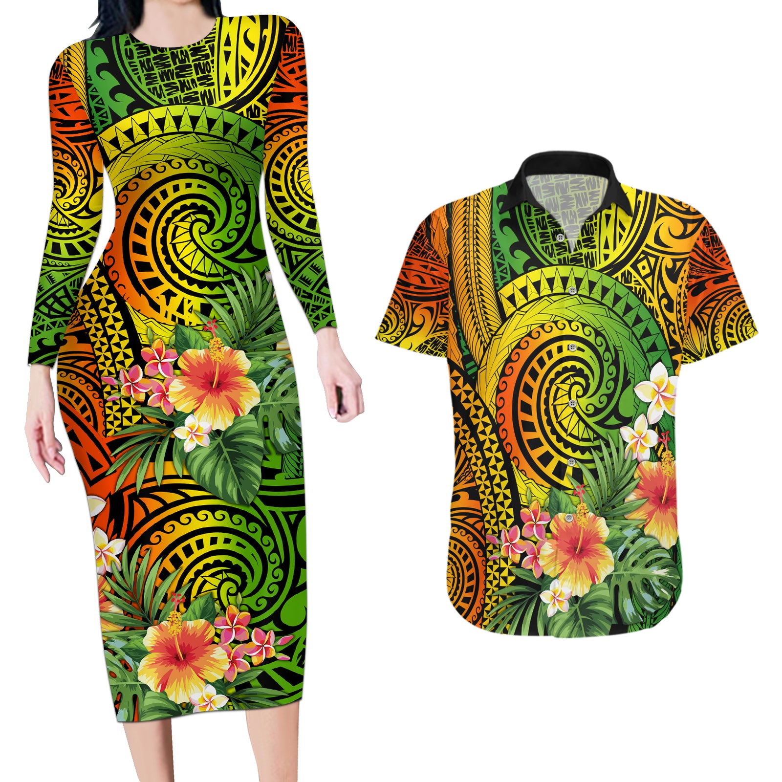 Polynesia Couples Matching Long Sleeve Bodycon Dress and Hawaiian Shirt Pasifika Tribal with Tropical Flowers LT9 Reggae - Polynesian Pride