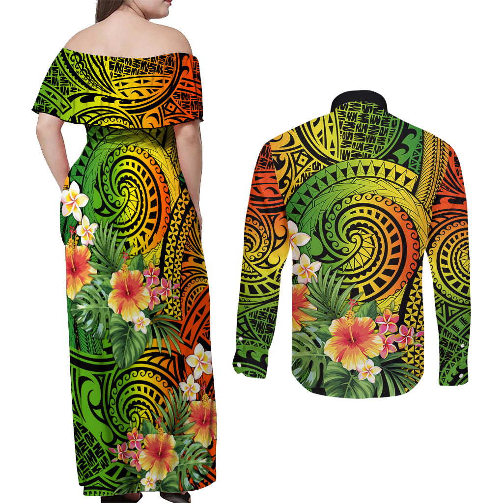 Polynesia Couples Matching Off Shoulder Maxi Dress and Long Sleeve Button Shirt Pasifika Tribal with Tropical Flowers LT9 - Polynesian Pride