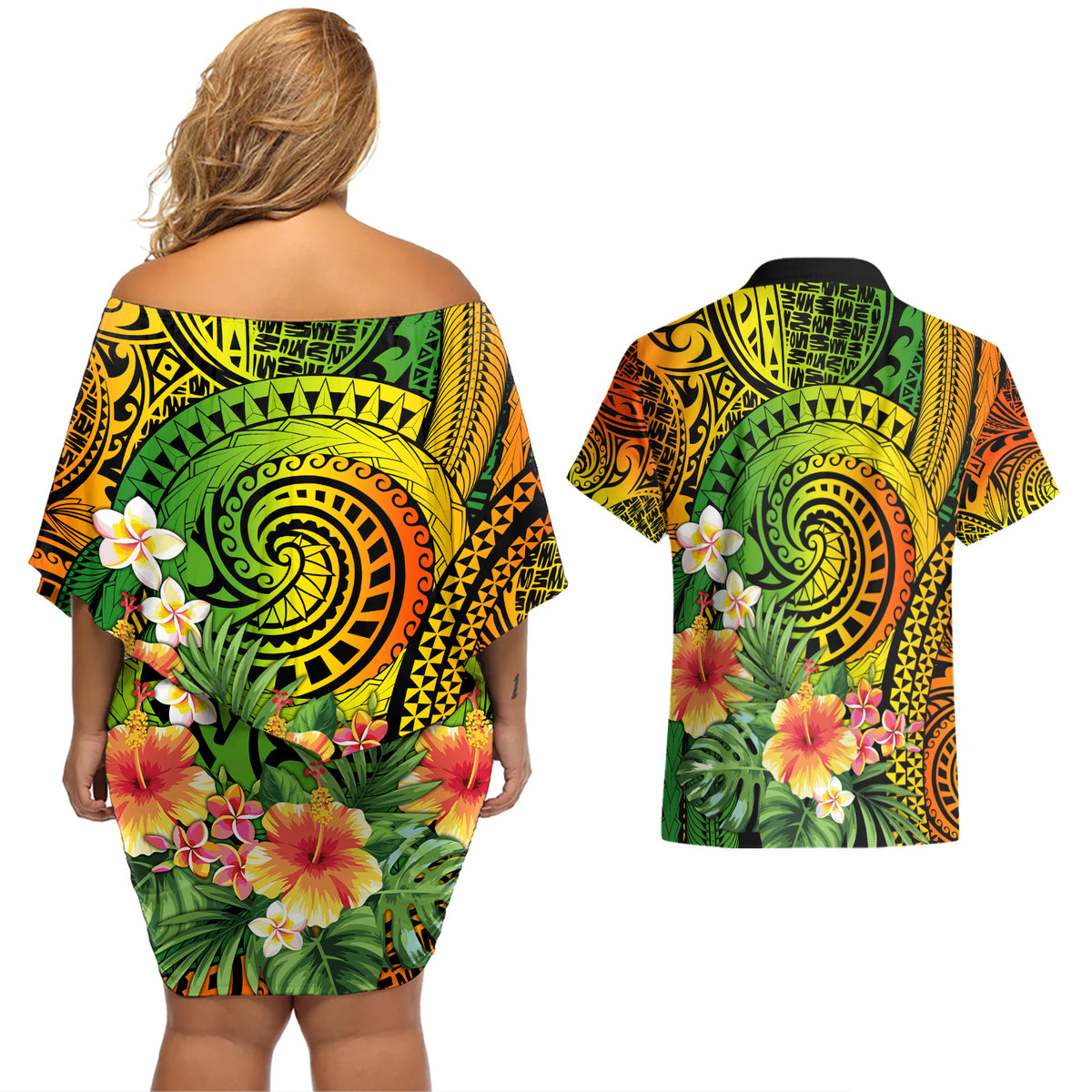 Polynesia Couples Matching Off Shoulder Short Dress and Hawaiian Shirt Pasifika Tribal with Tropical Flowers LT9 - Polynesian Pride