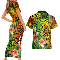 Polynesia Couples Matching Short Sleeve Bodycon Dress and Hawaiian Shirt Pasifika Tribal with Tropical Flowers LT9 - Polynesian Pride