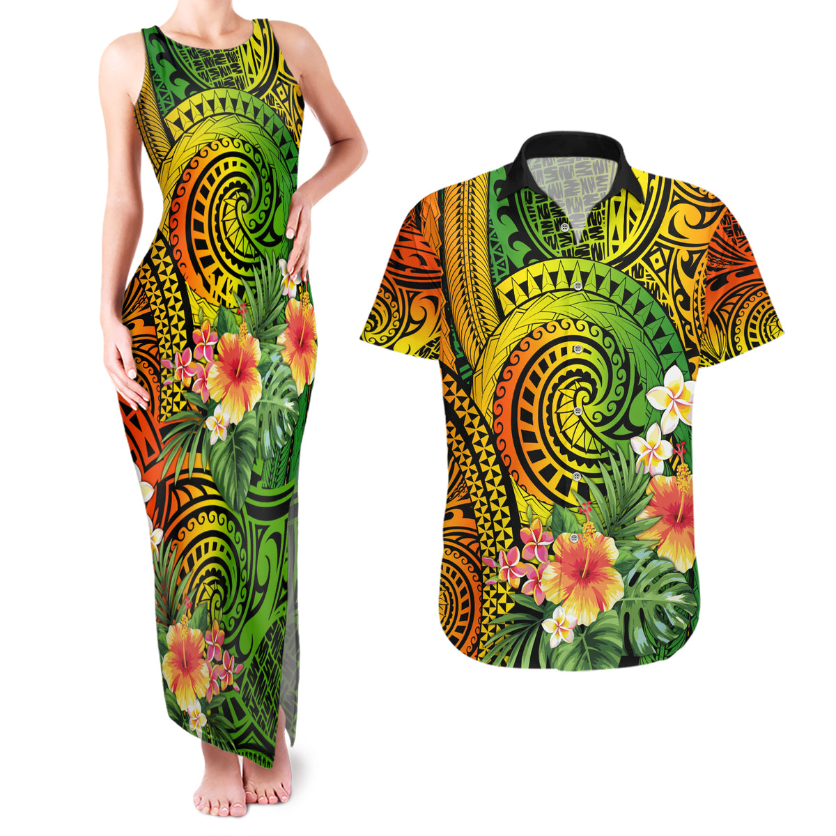 Polynesia Couples Matching Tank Maxi Dress and Hawaiian Shirt Pasifika Tribal with Tropical Flowers LT9 Reggae - Polynesian Pride