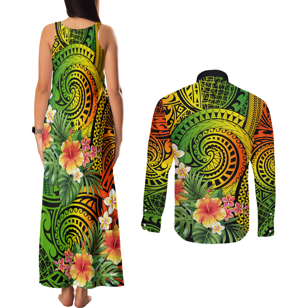 Polynesia Couples Matching Tank Maxi Dress and Long Sleeve Button Shirt Pasifika Tribal with Tropical Flowers LT9 - Polynesian Pride